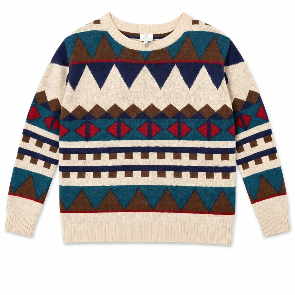 Retro Aztec Geometric Knit Sweater Cream Multicolor Crewneck Women’s S/M Small
